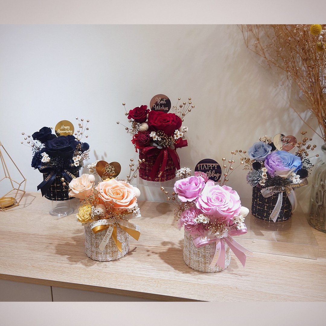 小香风永生花盆花/永生花/干燥花/情人节/生日花束/花礼/开幕送礼 - 干燥花/捧花 - 植物．花 橘色