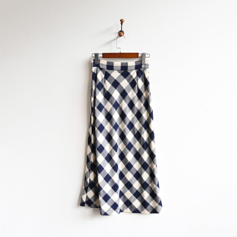 【蛋植物古着】棋盘格纹毛料高腰古着长裙 - 裙子 - 其他人造纤维 