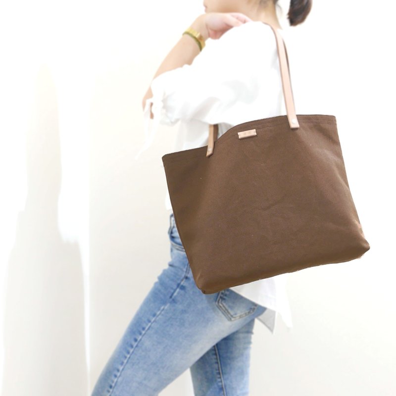和风帆布极简 托特包 帆布包 手提包  - 牛皮革带中包#84驼咖啡色 - 手提包/手提袋 - 棉．麻 咖啡色