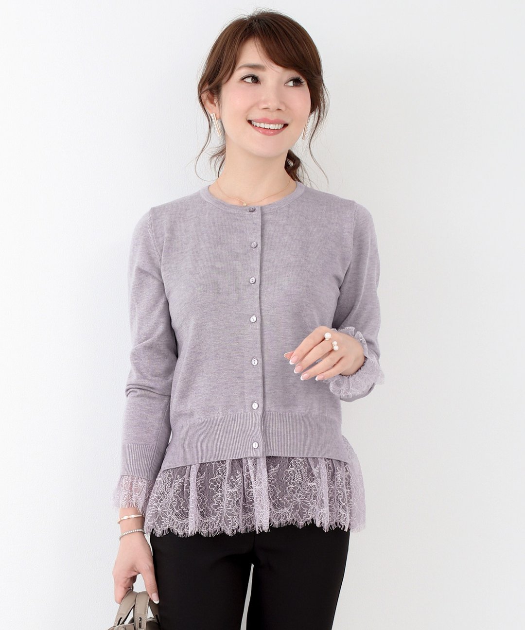 Cardigan knit lace hem cuffs / Liala x PG - 女装针织衫/毛衣 - 棉 紫色