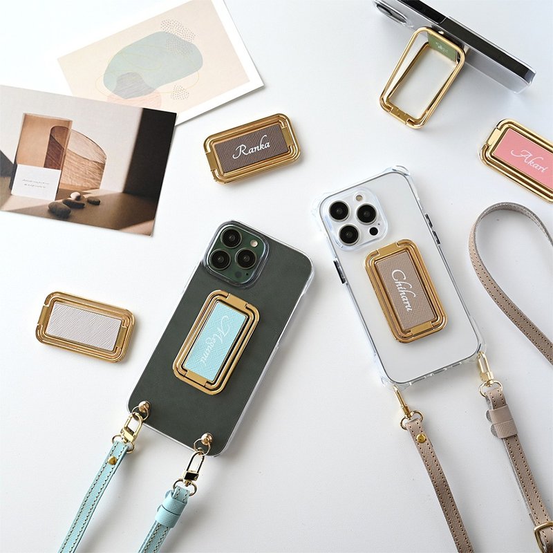 多功能戒指，带透明外壳，刻有名字 [Saffiano 皮革 -Classic-] 带肩带的智能手机肩带支架，兼容垂直视频 FM02A - 手机壳/手机套 - 真皮 蓝色