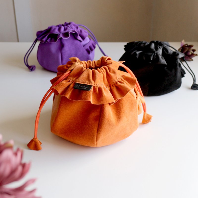 皮革荷叶边小袋　采用大量绒面革制成的褶边小袋　万圣节颜色 - 化妆包/杂物包 - 真皮 橘色