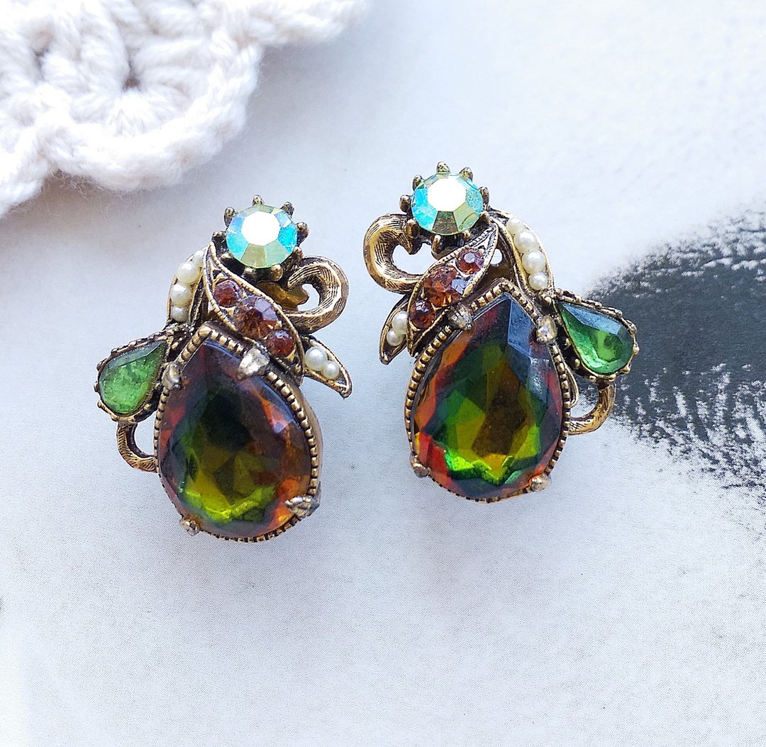 Vintage Jewelry 西洋古董饰品 FLORENZA 水滴绿钻 夹式耳环 - 耳环/耳夹 - 其他金属 金色