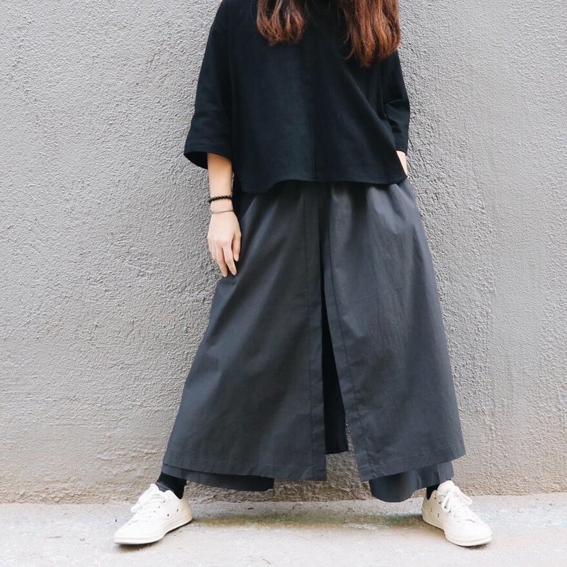 自家制/两层裙裤-灰蓝色 - 女装长裤 - 棉．麻 蓝色