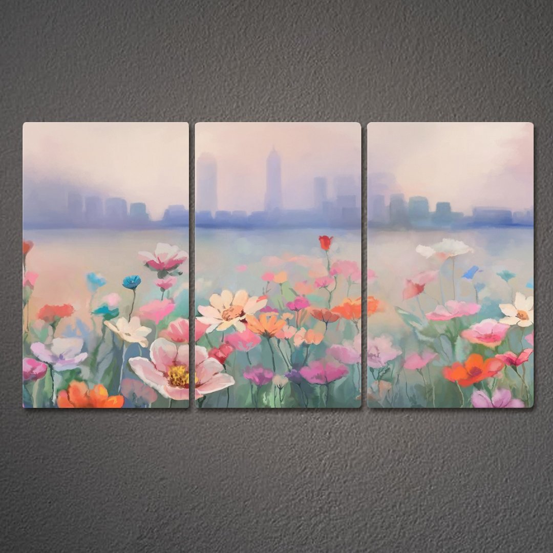 水彩花卉印刷品 现代城市景观 三联画 客厅卧室装饰简约壁画帆布 - 墙贴/壁贴 - 纸 多色