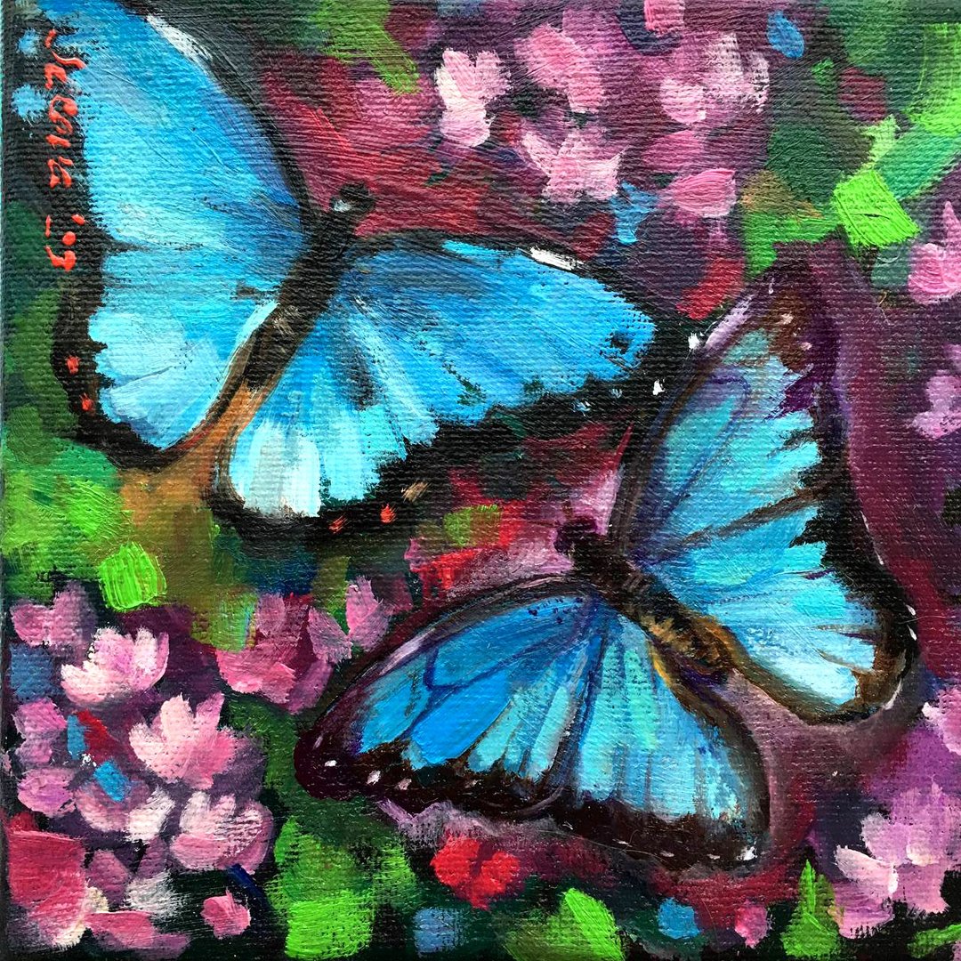 Butterfly painting Small Frame Art Miniature Oil - 摆饰 - 其他材质 蓝色