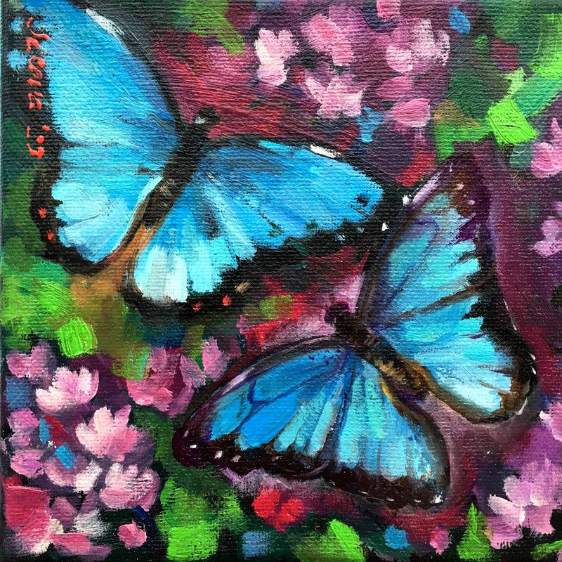 Butterfly painting Small Frame Art Miniature Oil - 摆饰 - 其他材质 蓝色
