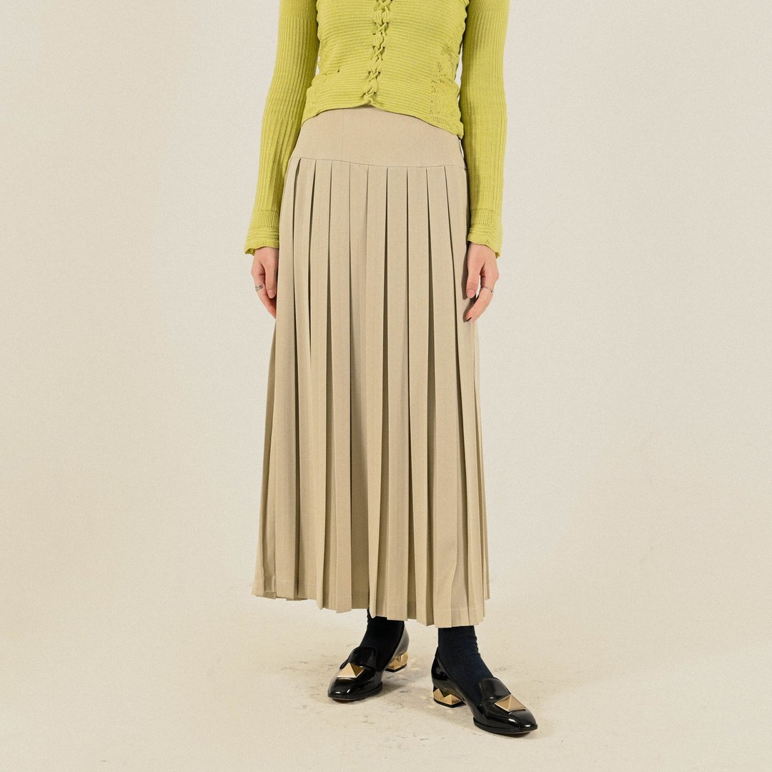 【NaSuBi Vintage】精工宽版百褶高腰古长着裙 - 裙子 - 其他人造纤维 