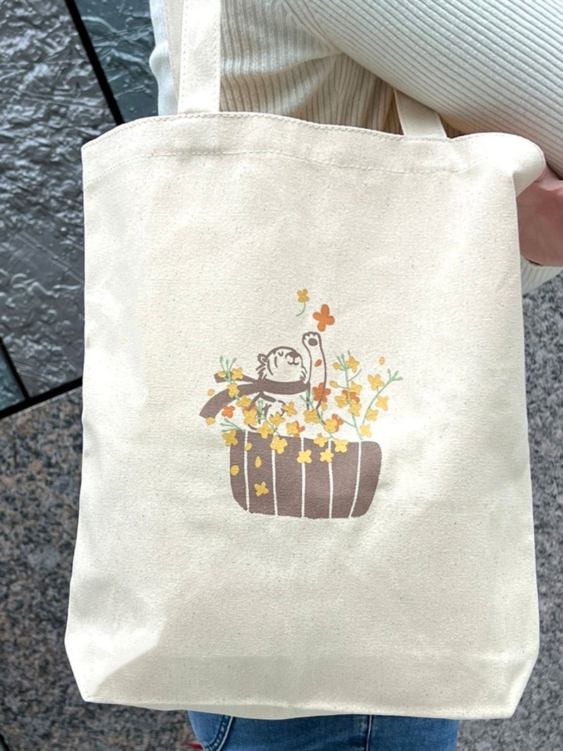 手工绢印 | 帆布包-油菜花田里的虎虎-双面印刷 - 手提包/手提袋 - 棉．麻 橘色