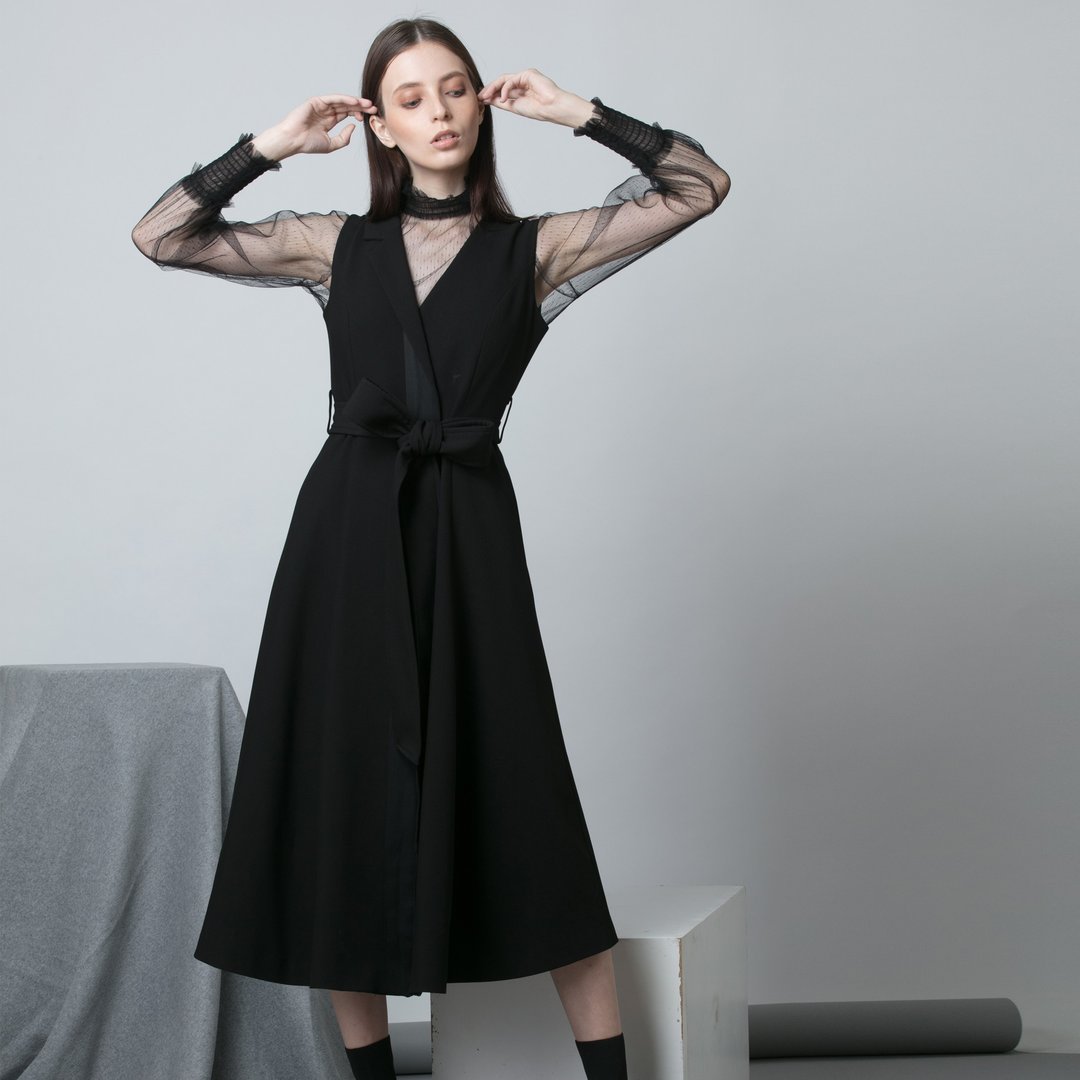 FW19 黑色两件套西装领长裙 - 香港原创品牌 Lapeewee-预订三星期 - 裙子 - 其他材质 