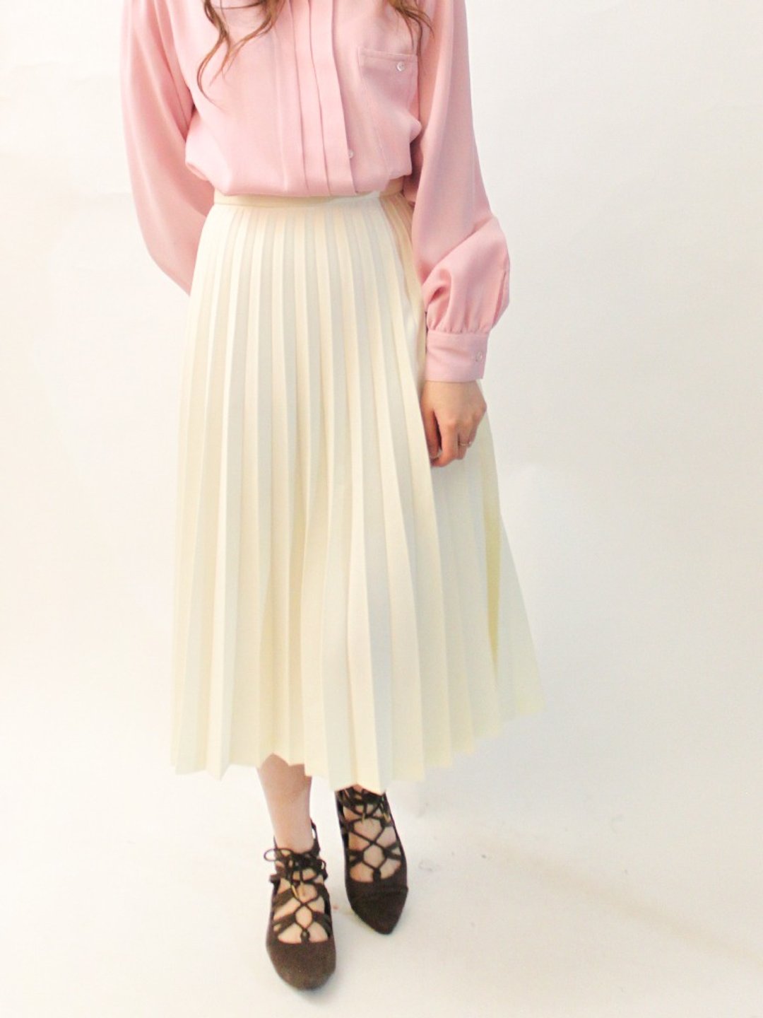 复古春夏欧洲简约典雅米白色百折宽松古着长裙 Vintage Skirt - 裙子 - 聚酯纤维 
