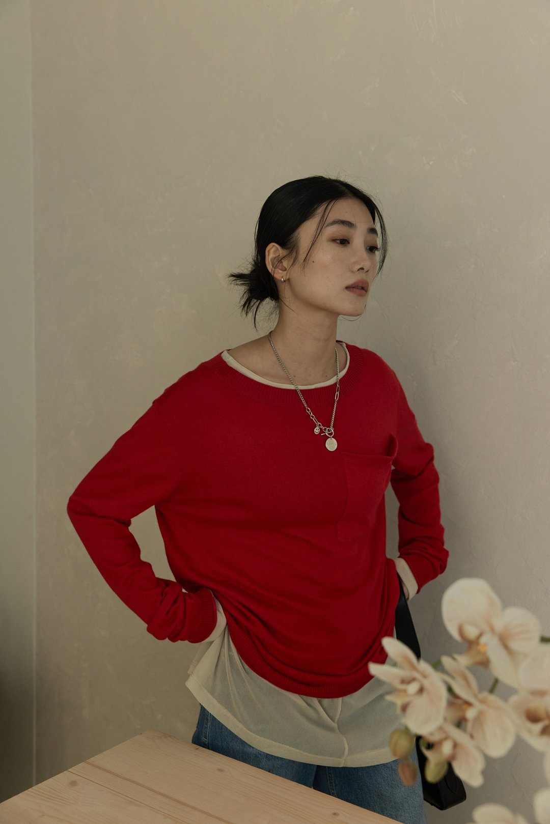 亲肤大口袋圆领针织上衣(红) - 女装针织衫/毛衣 - 其他材质 红色