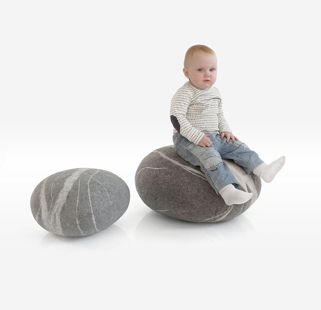 Wool stone pouf ottoman, floor cushion – Wave Model - 枕头/抱枕 - 羊毛 灰色