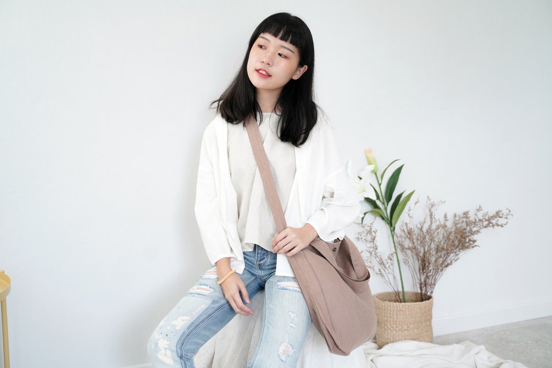 Casual 2 Ways Linen Tote Bag (Ovaltine) - 侧背包/斜挎包 - 亚麻 咖啡色