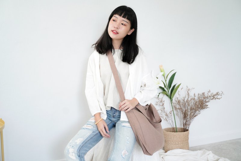 Casual 2 Ways Linen Tote Bag (Ovaltine) - 侧背包/斜挎包 - 亚麻 咖啡色