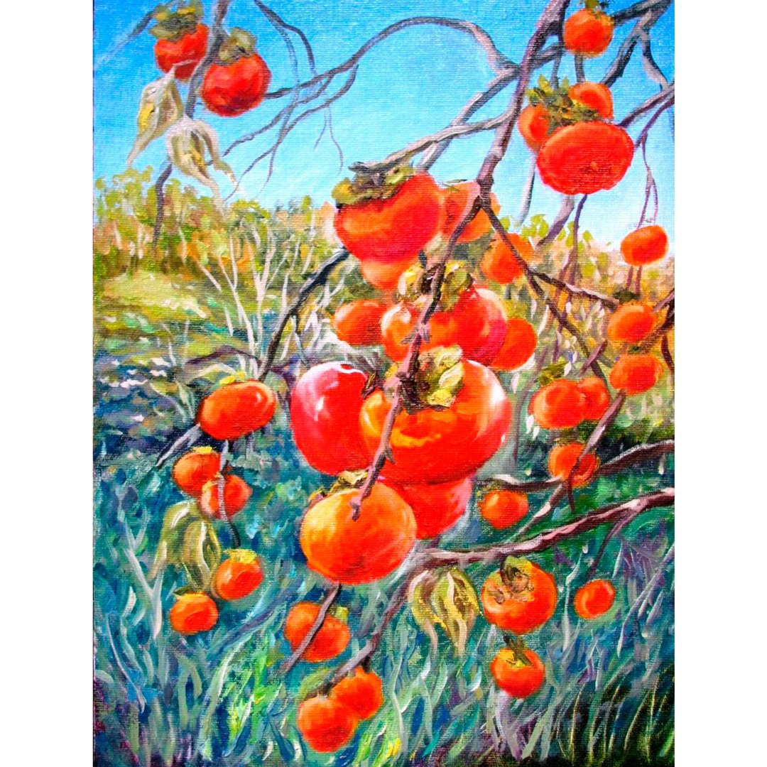 Persimmon Painting Oil Fruit Original Art Food Artwork Kitchen Canvas Art - 海报/装饰画/版画 - 颜料 多色