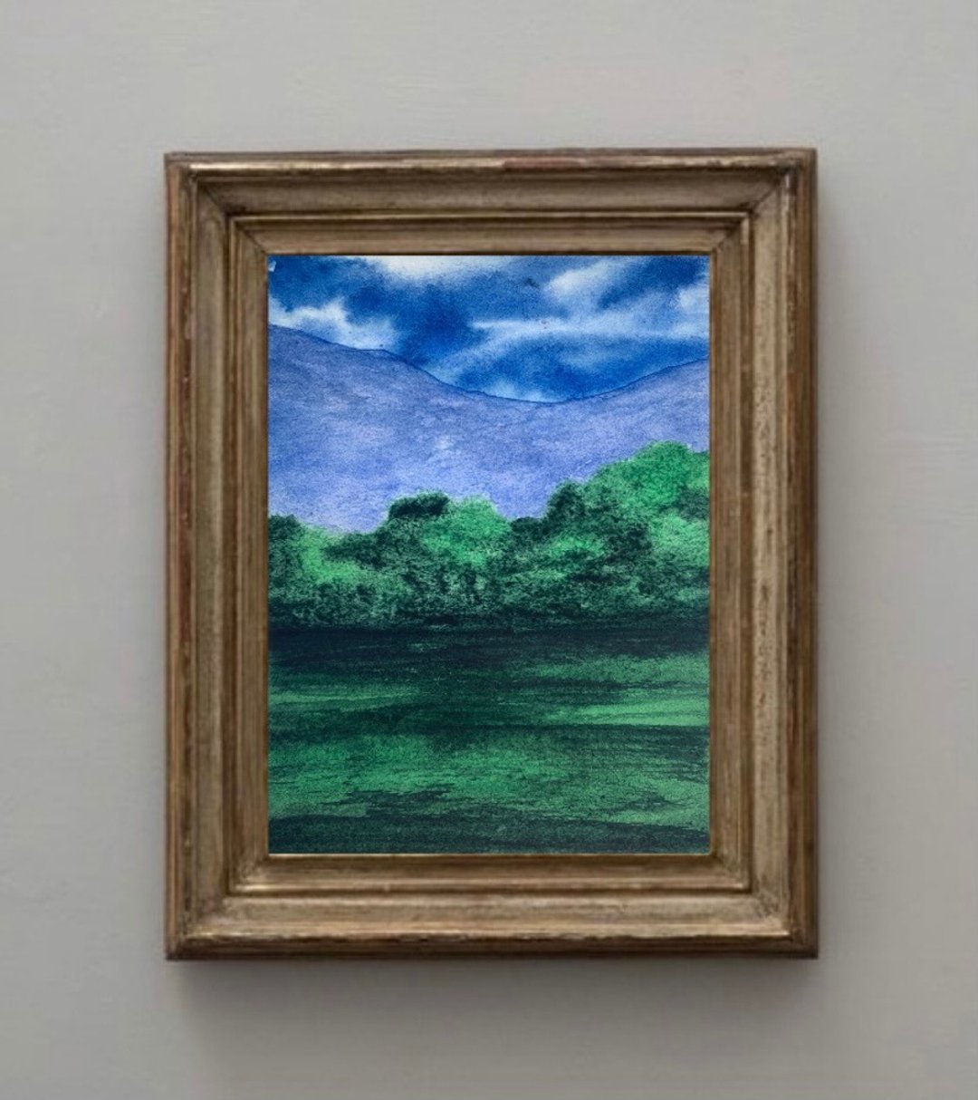 Original Watercolor Landscape Green Field Painting Stormy Cloudy Sky Landscape - 墙贴/壁贴 - 纸 多色