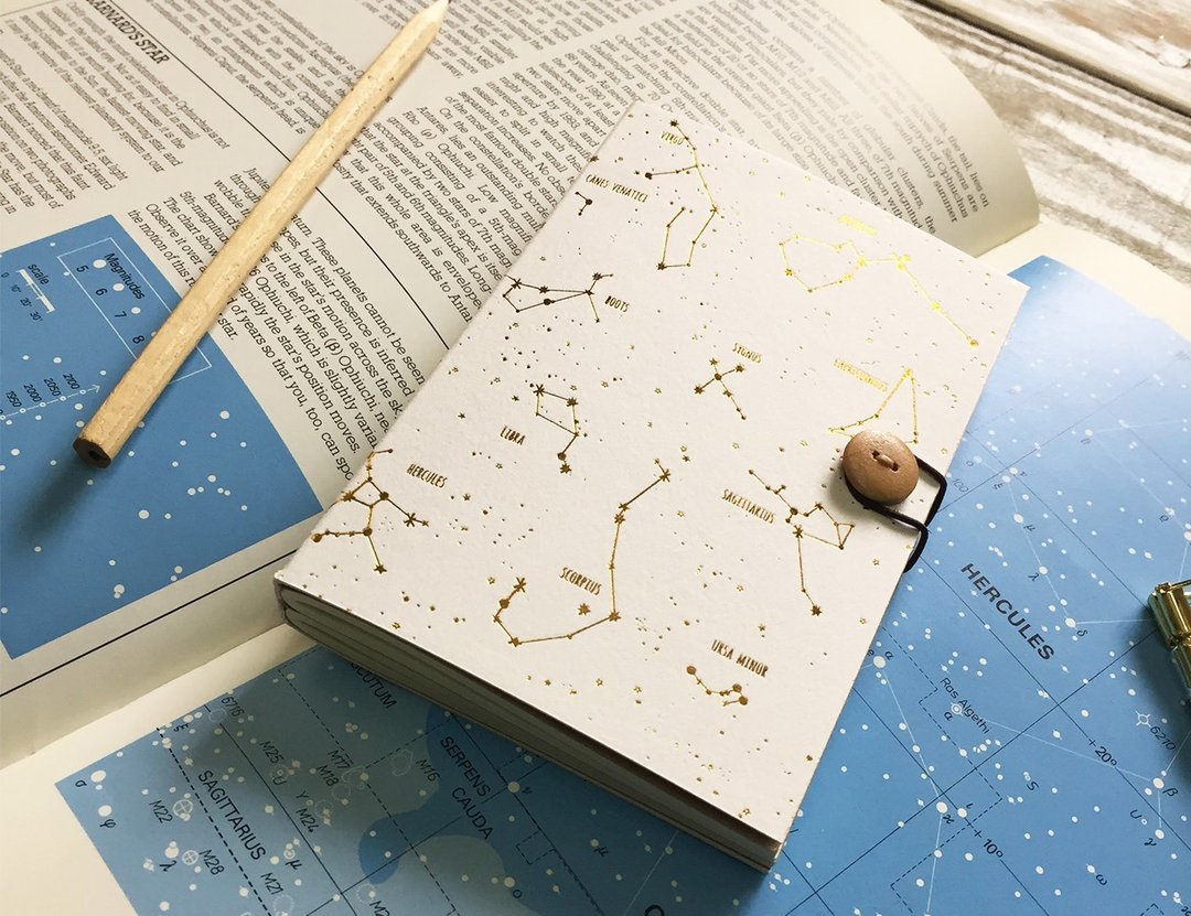 New in ! GOLD FOIL Constellation notebook, Star notebook, Indigo Sketchbook, Space notebook----SIZE A6 - 便条纸/标签贴 - 纸 金色