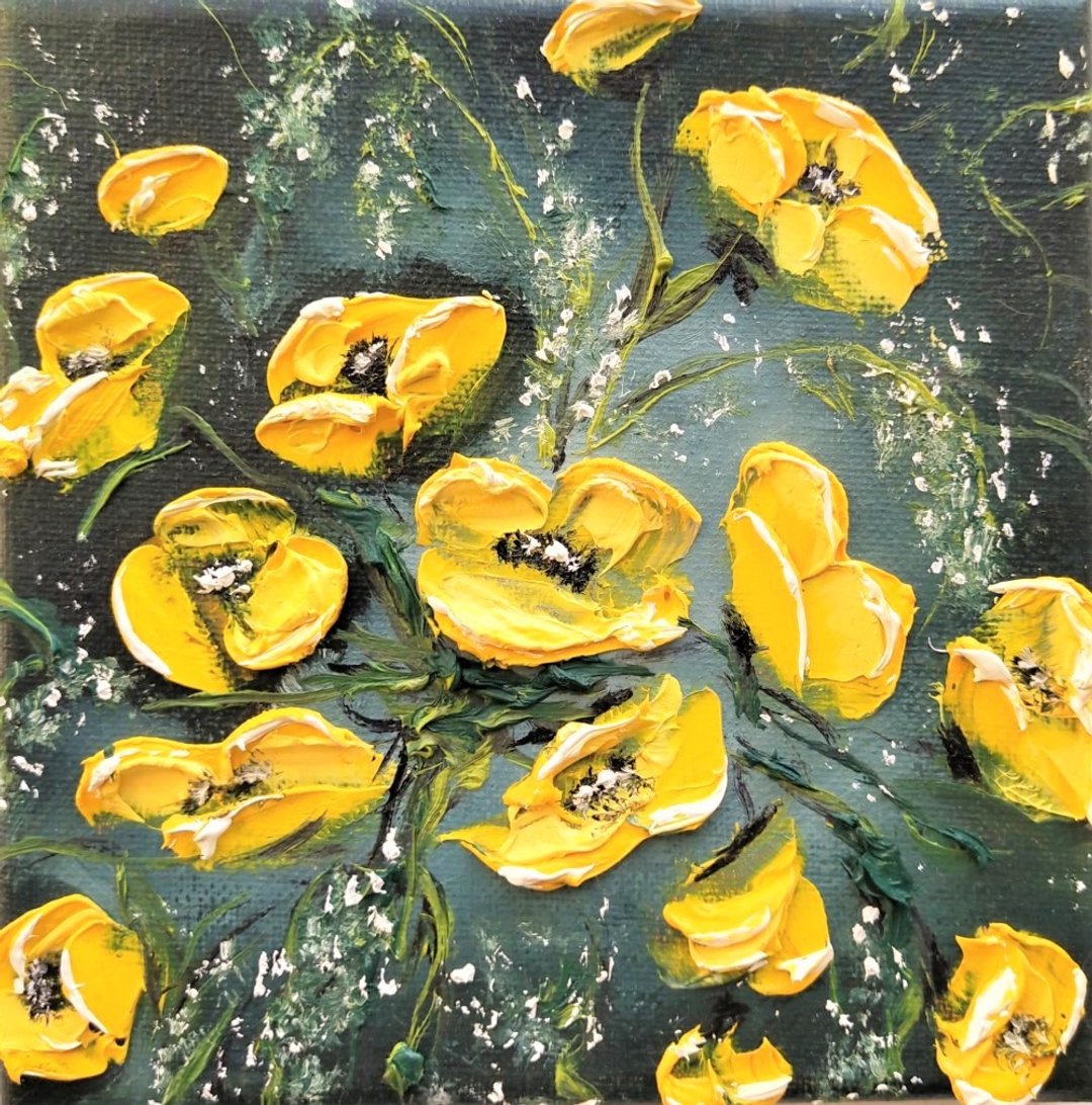 Yellow Poppy Artwork Floral Original Oil Painting on Canvas Small Art 手繪油畫, 用鮮花 - 墙贴/壁贴 - 棉 多色
