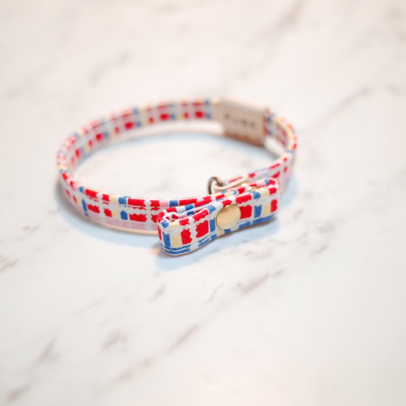 猫 小啾啾项圈 红黄格纹 附双面扭转名牌 赠铃铛 - 项圈/牵绳 - 棉．麻 