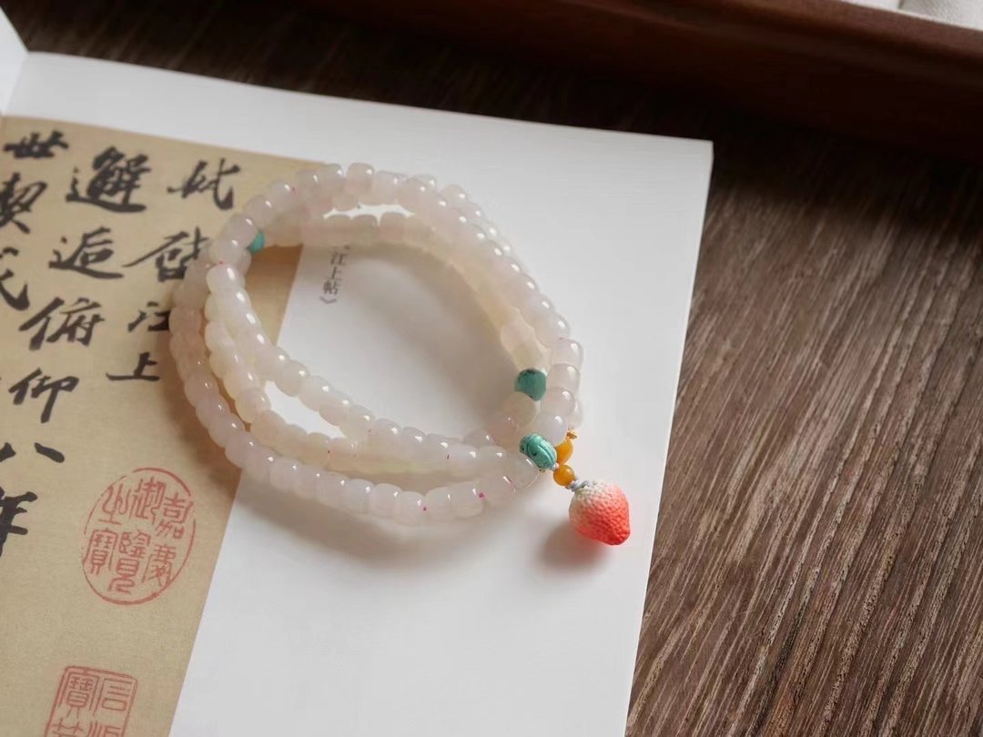 5mm天然和阗玉/和田玉-青海藕粉玉 碧玉葫芦18K设计多圈手串项链s - 手链/手环 - 宝石 粉红色