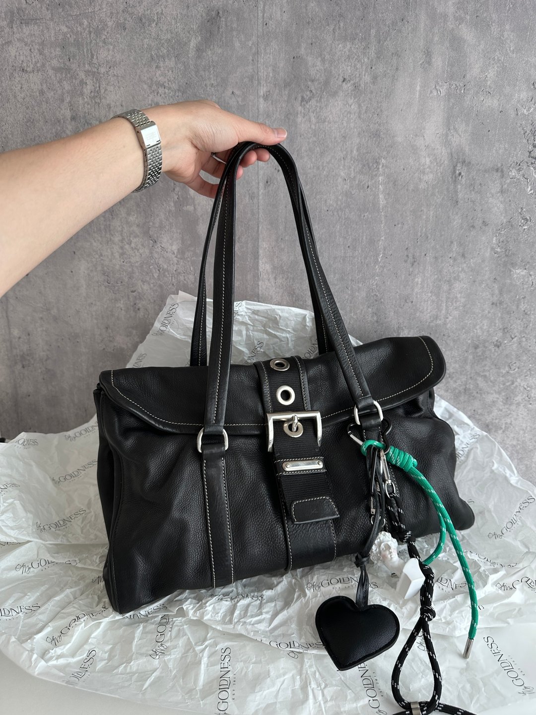 中古包 PRADA 普拉达 明线牛皮 Hobo 包 - 手提包/手提袋 - 尼龙 黑色