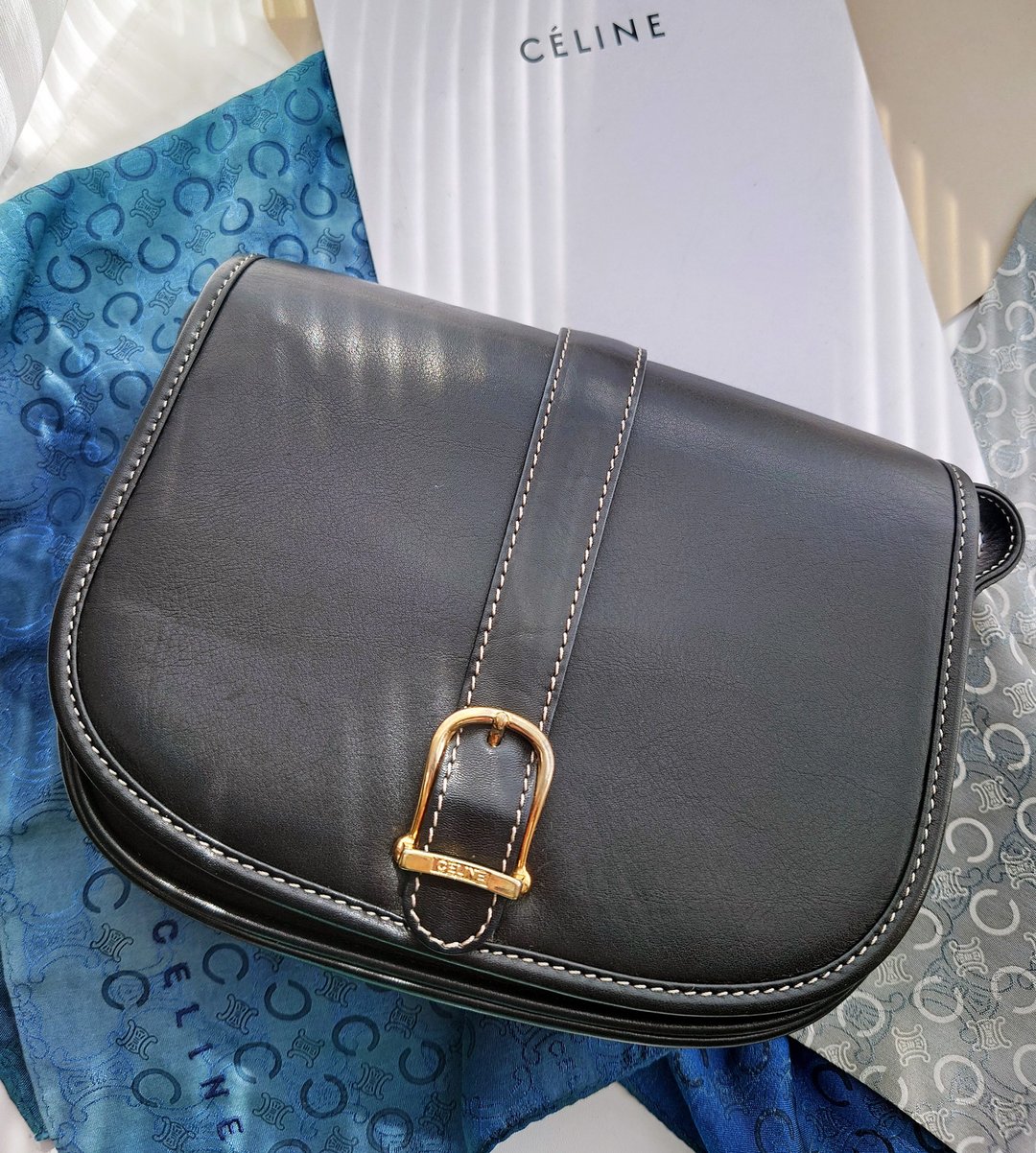 中古美品 CELINE 黑白配马鞍包半月包单肩包斜背包斜孭包斜挎包袋 - 侧背包/斜挎包 - 真皮 黑色