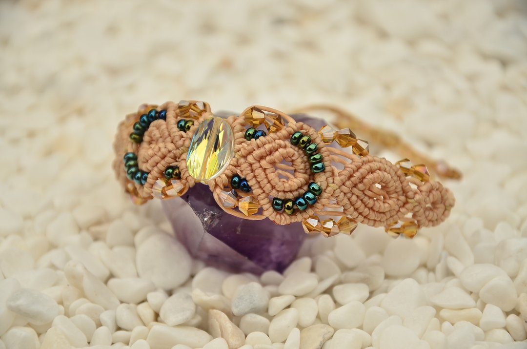 Macrame Swarovski 施华若世奇水晶- 手制花边编织手链 - 手链/手环 - 宝石 透明
