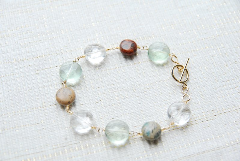 Coin-shaped pearl and stone bracelet Fluorite (14kgf) - 手链/手环 - 宝石 绿色