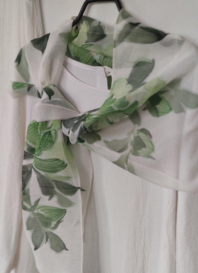 手绘雪纺轻清小围巾~豆绿牡丹*雅白 - 丝巾 - 其他人造纤维 