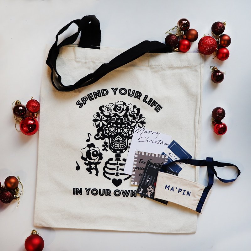 【圣诞礼盒 交换礼物】骷颅帆布包+饮料提袋组合 - 侧背包/斜挎包 - 棉．麻 白色