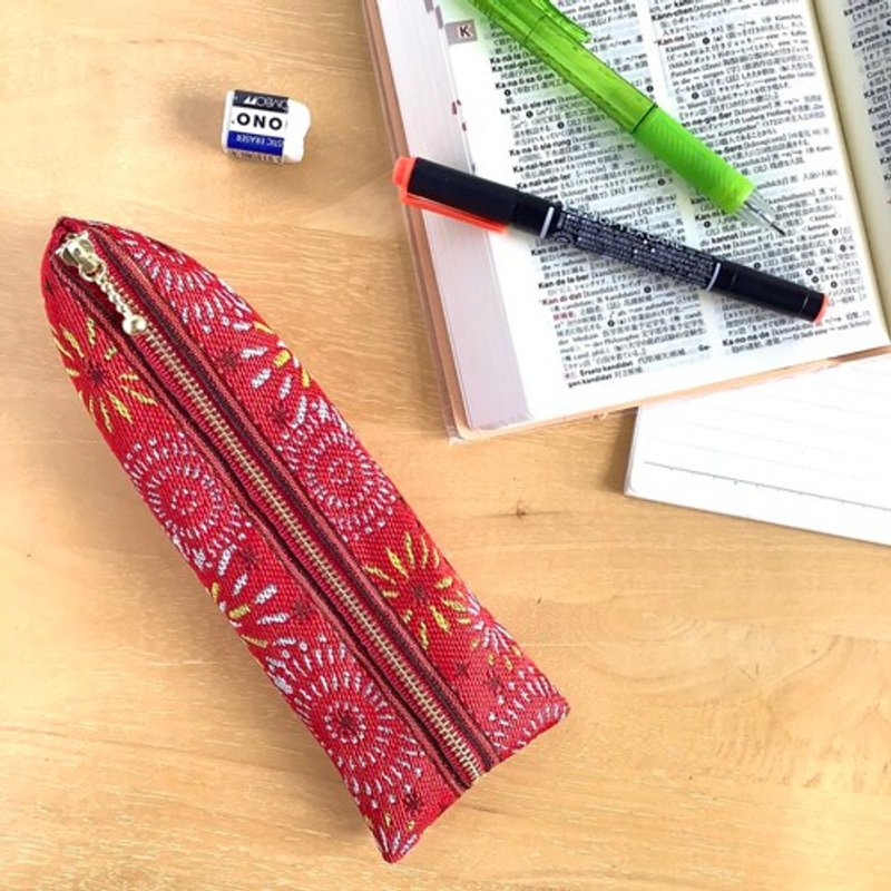 ペンケース【花火】畳縁製　テトラ型　赤　夏　お祭り - 铅笔盒/笔袋 - 其他材质 红色