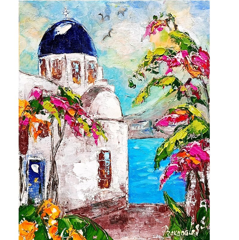 圣托里尼绘画 希腊 原创艺术 厚涂油画 12x10 希腊 - 墙贴/壁贴 - 其他材质 黄色