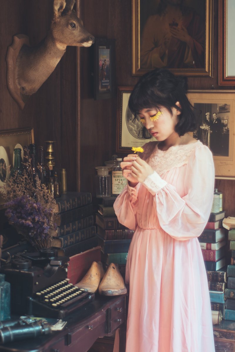 料质Fabric 珊瑚橘粉色蕾丝长古着洋装 - 洋装/连衣裙 - 其他人造纤维 粉红色