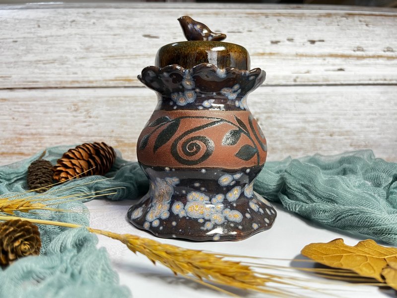 手作 手捏陶 釉烧彩绘茶仓 咖啡罐 陶罐 收纳罐 保存罐 摆饰 - 收纳用品 - 陶 