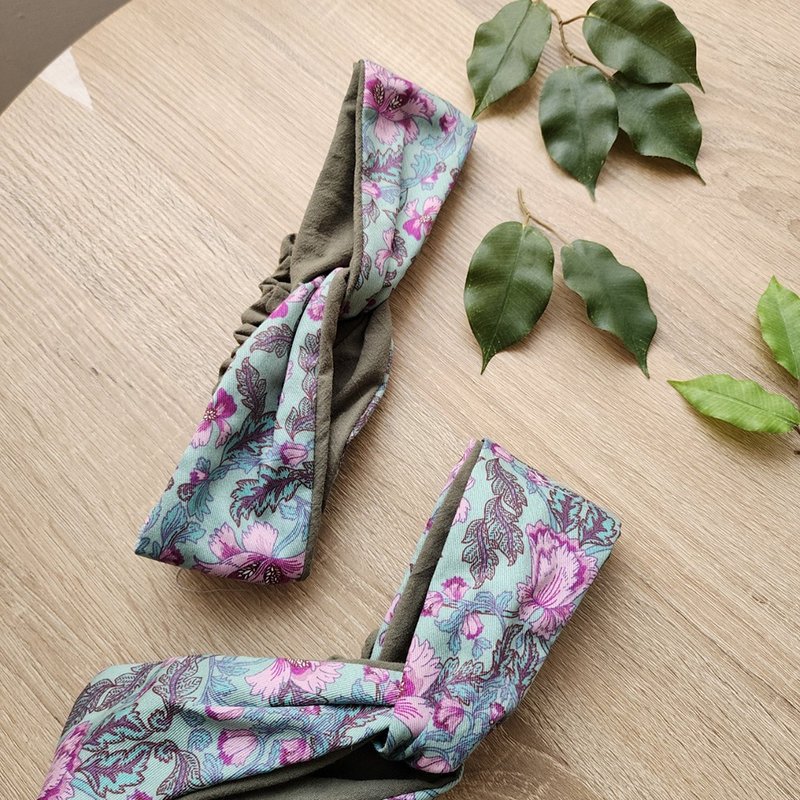 MIX 花纹身 日本布限量款 交叉发带/发饰 - 发带/发箍 - 棉．麻 绿色