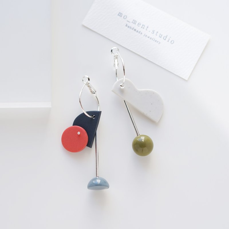 Izara 原创设计 手工软陶 几何线条 简约 纯银耳针 耳环 - 耳环/耳夹 - 陶 绿色