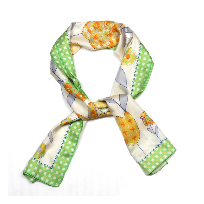 【蛋植物古着】黄花插画长条印花丝巾 - 丝巾 - 丝．绢 绿色