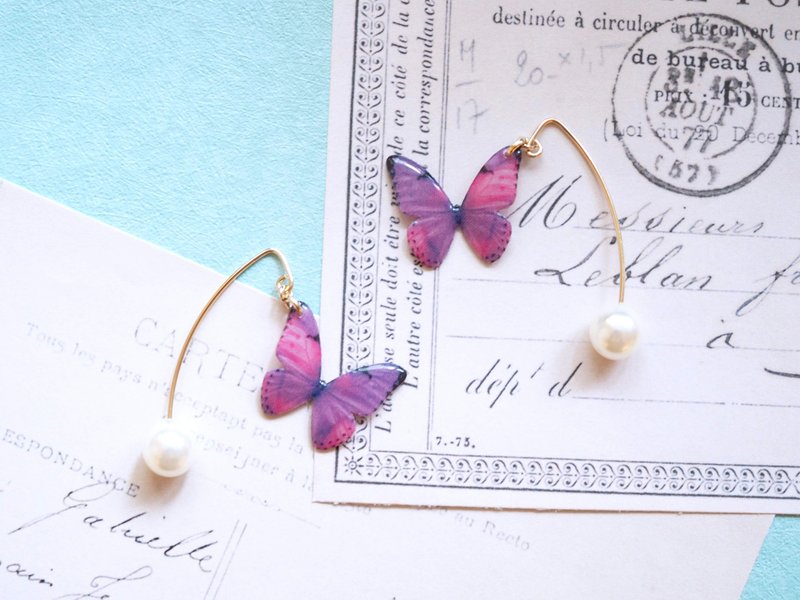 Light Purple Butterfly Stud Earrings With Pearl, Dainty 14k Gold Fill / Deformed - 耳环/耳夹 - 其他材质 紫色