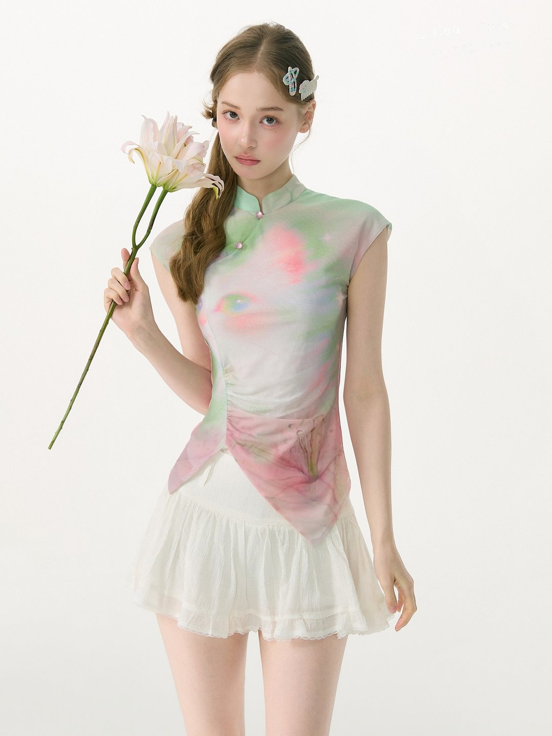 ziziFei''花间梦''夏季改良新中式晕染猫咪印花粉绿网纱短袖t恤女 - 女装上衣 - 其他材质 绿色