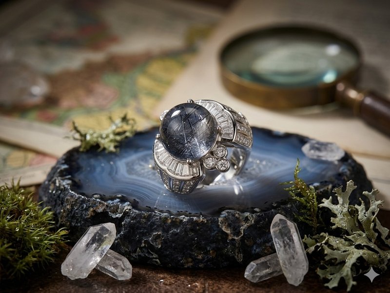 11 mm 蓝钢丝发水晶球镶嵌 s 925银戒 - 戒指 - 水晶 