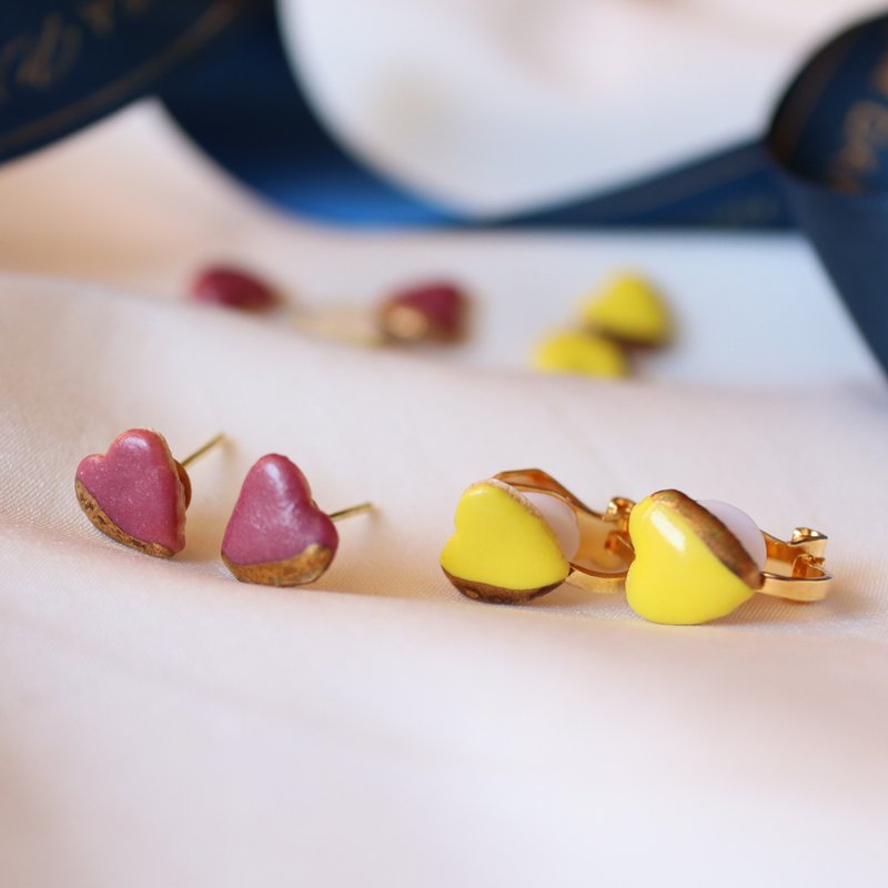 Special feature [Shigaraki ware] Heart chocolate Pottery Traditional craft Clip-On Earrings Simple yellow Red - 耳环/耳夹 - 陶 黄色