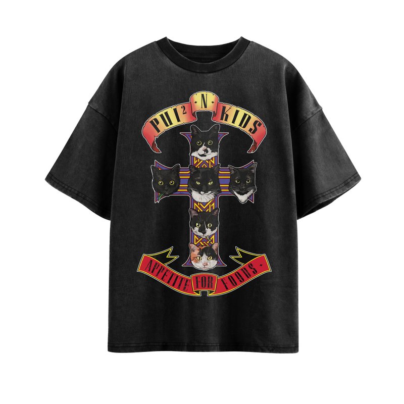 猫咪版Guns N Roses-洗水T恤 - 中性连帽卫衣/T 恤 - 棉．麻 