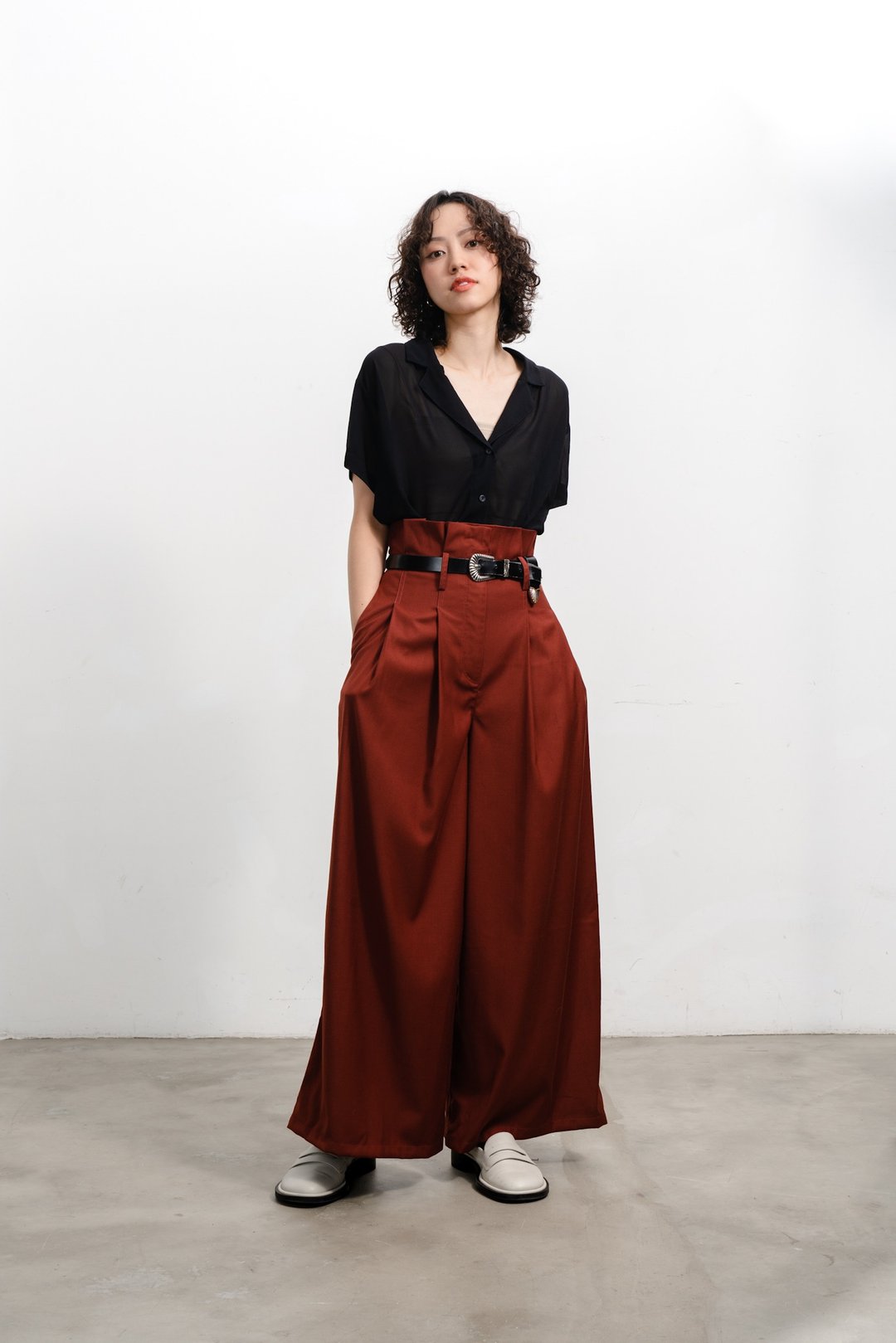 皱褶高腰长裤 Paper-bag Waist Trousers - 女装长裤 - 棉 红色