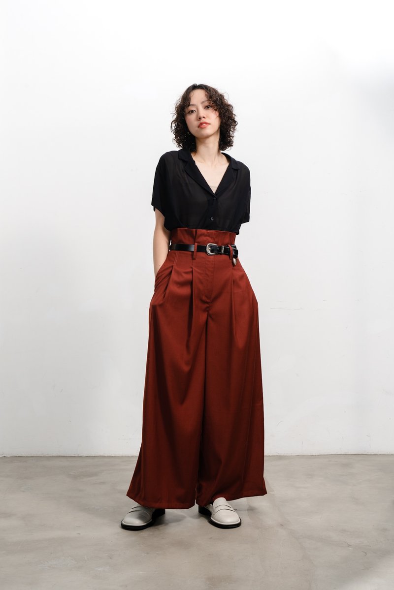 皱褶高腰长裤 Paper-bag Waist Trousers - 女装长裤 - 棉．麻 红色
