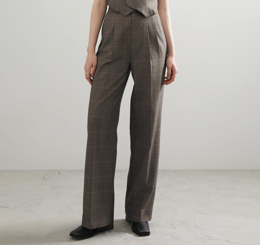 PANTS PF23 压褶高腰格纹长裤 - 女装长裤 - 其他材质 咖啡色