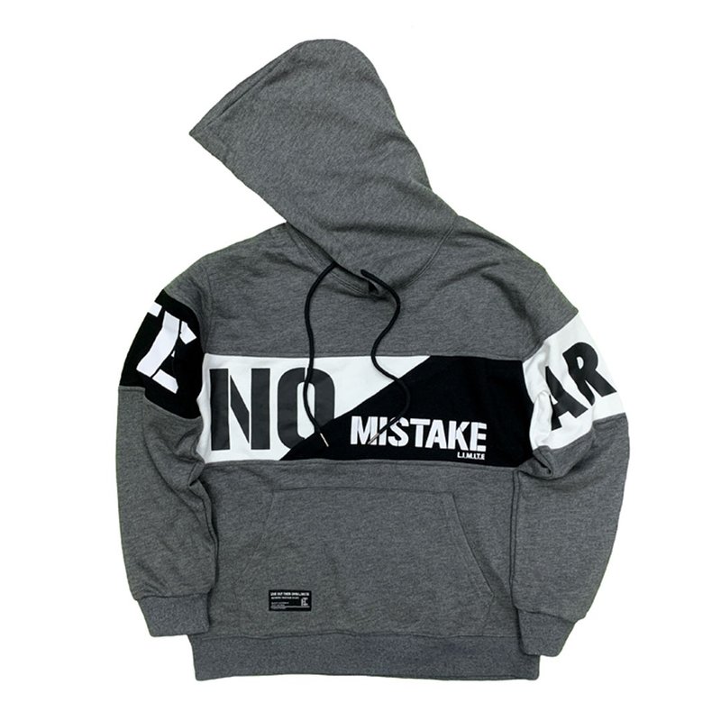 L.I.M.I.T.E - 拼布印花有帽卫衣, 灰色 - 男装上衣/T 恤 - 棉．麻 灰色