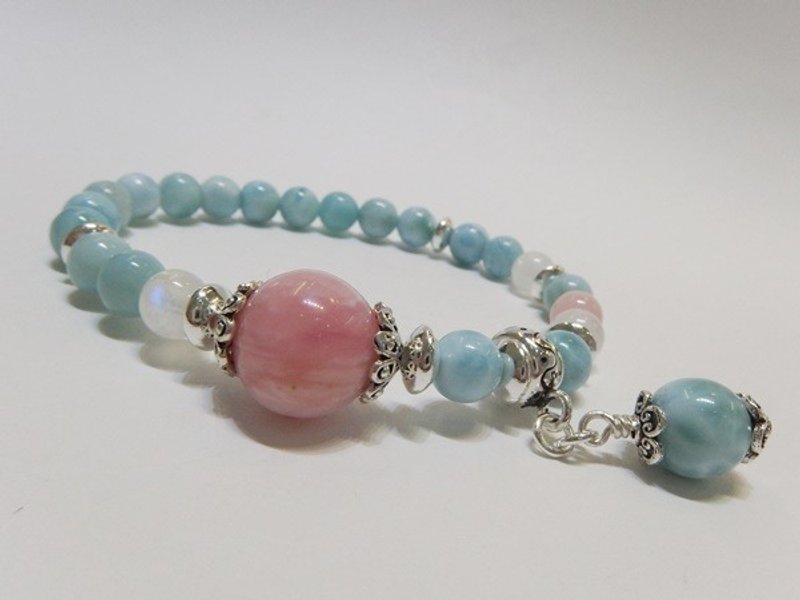 《爱如潮水》- 优质天然拉利玛+蓝光月光石+粉红澳宝925纯银手链 香港原创设计 - 手链/手环 - 宝石 蓝色