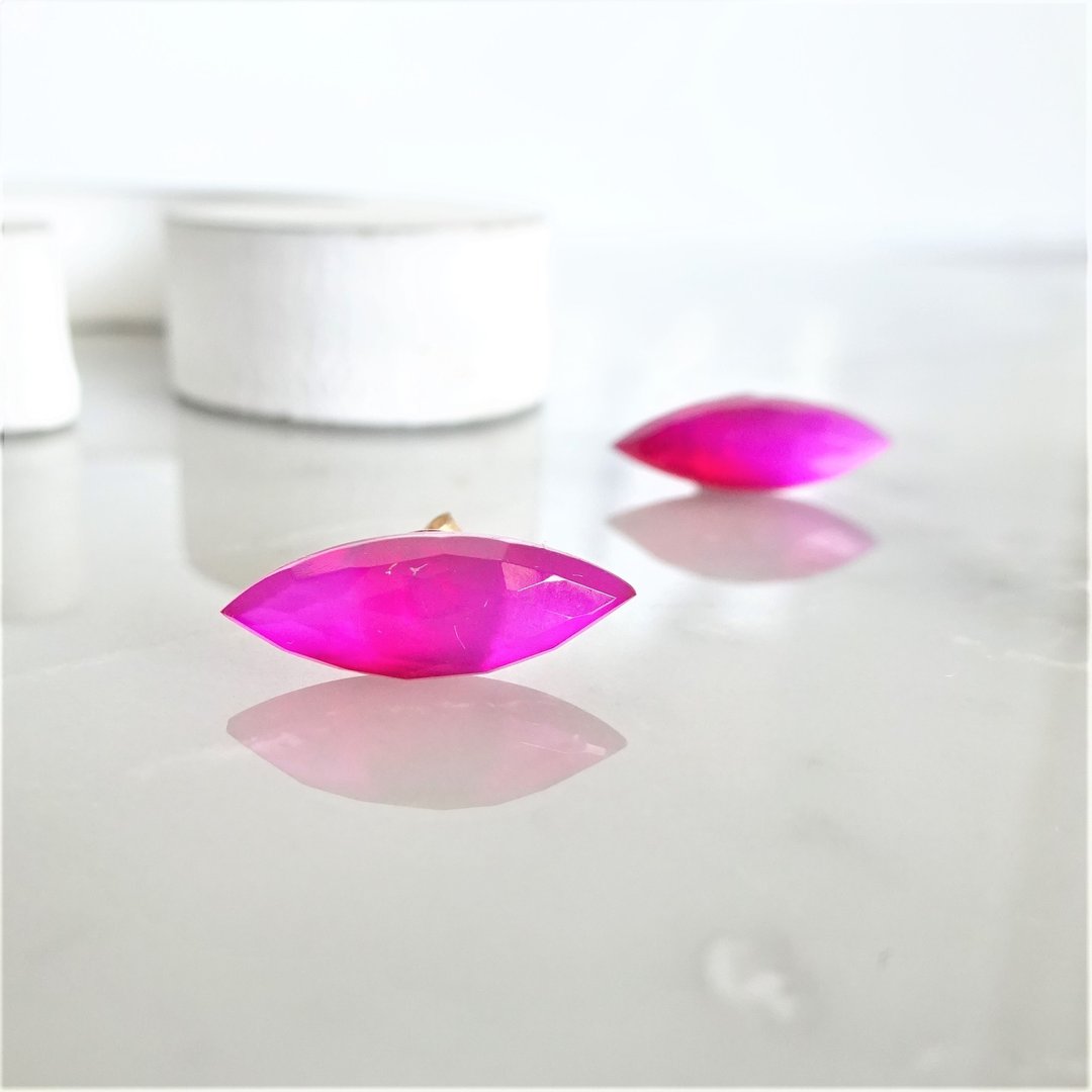 Fuchsia pink Chalcedony*Marquis stud pierced earring/earring可変耳夾式 - 耳环/耳夹 - 宝石 粉红色