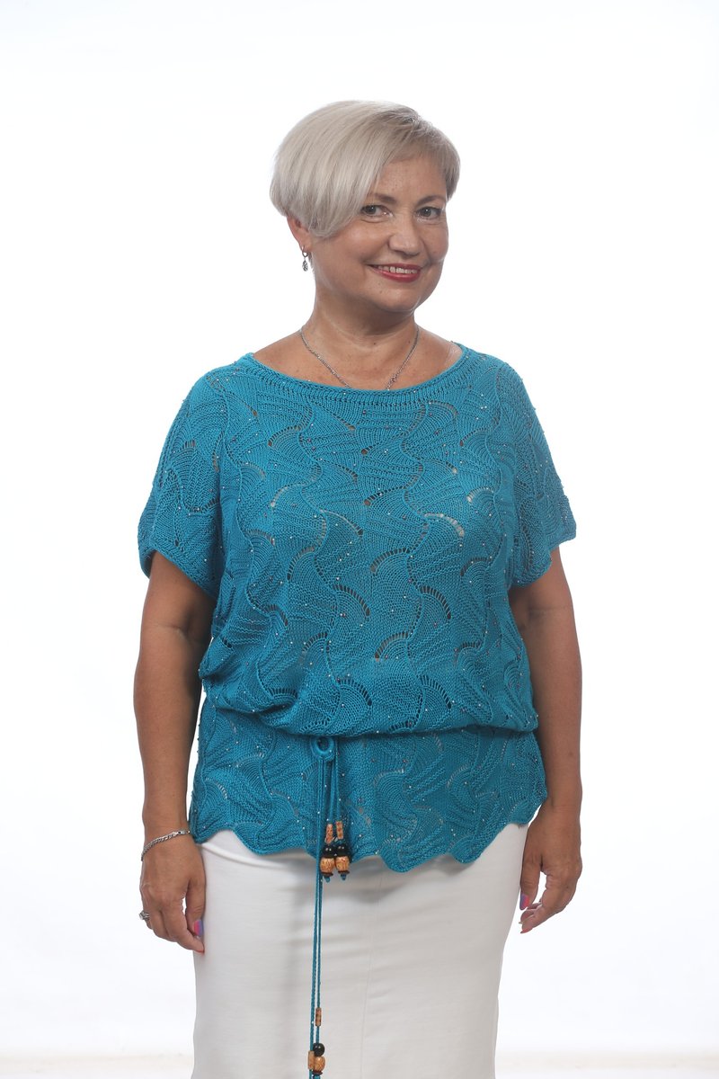 棉、丝、珠子制成的女式蓝色针织上衣 - 女装上衣 - 棉．麻 蓝色